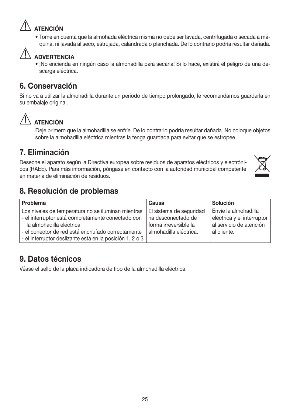 Conservación, Eliminación, Resolución de problemas | Datos técnicos | Beurer HK 25 User Manual | Page 25 / 52