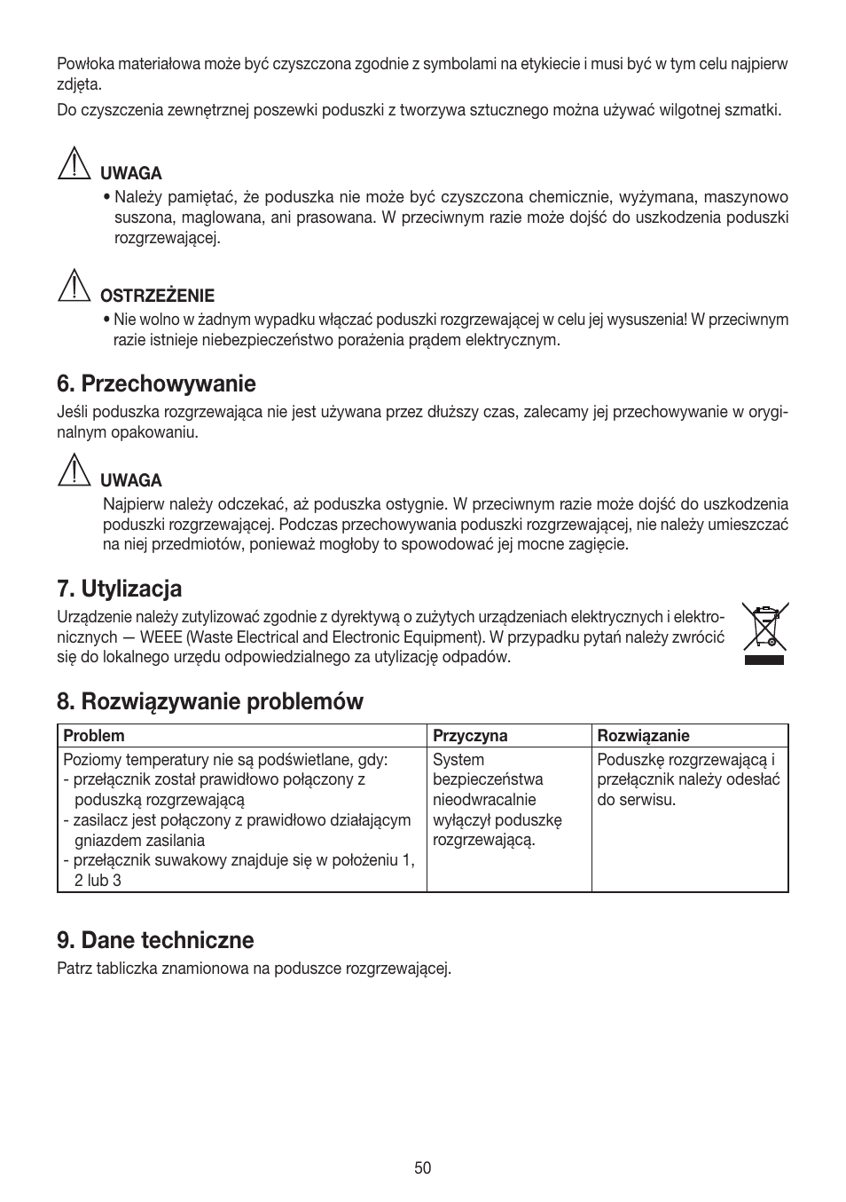 Przechowywanie, Utylizacja, Rozwiązywanie problemów | Dane techniczne | Beurer HK 25 User Manual | Page 50 / 52