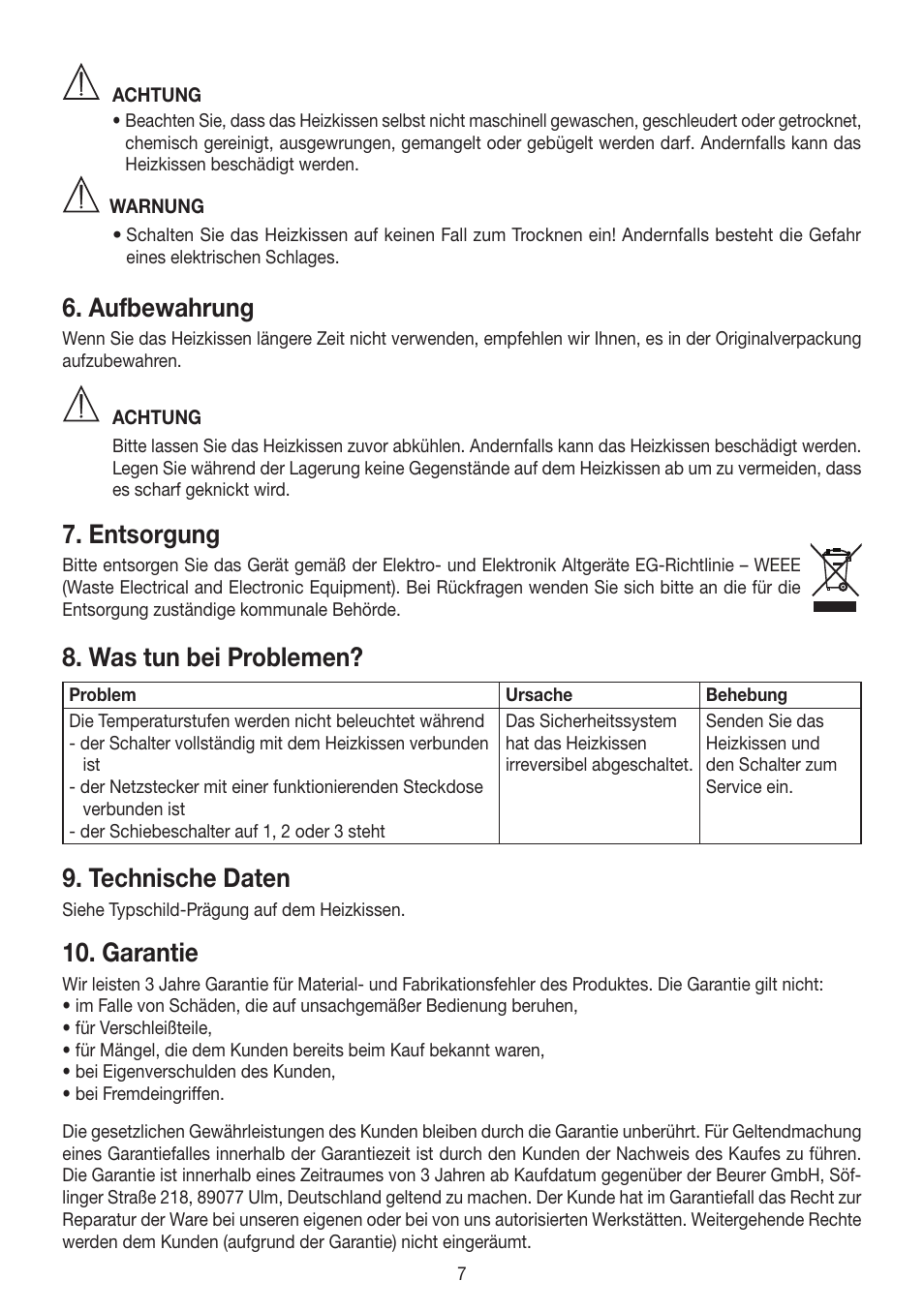 Aufbewahrung, Entsorgung, Was tun bei problemen | Technische daten, Garantie | Beurer HK 25 User Manual | Page 7 / 52