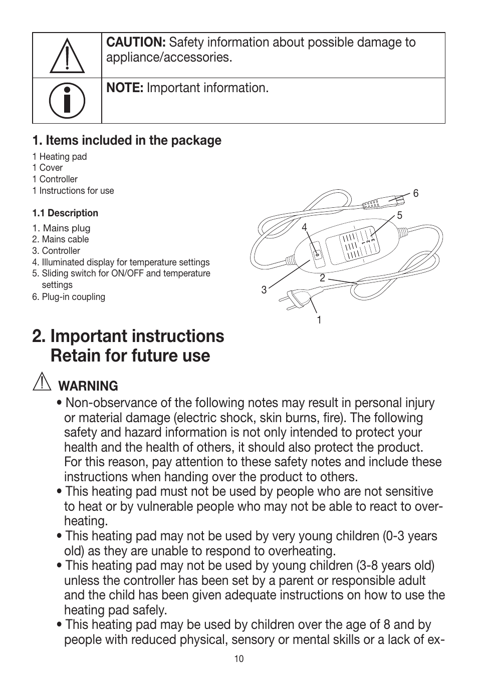 Important instructions retain for future use | Beurer HK 45 Cosy User Manual | Page 10 / 52