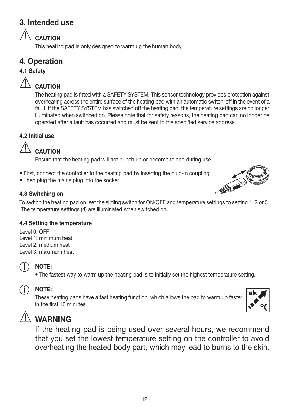 Intended use, Operation | Beurer HK 45 Cosy User Manual | Page 12 / 52