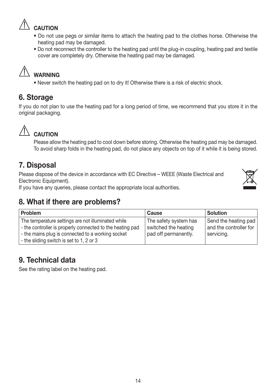 Storage, Disposal, What if there are problems | Technical data | Beurer HK 45 Cosy User Manual | Page 14 / 52