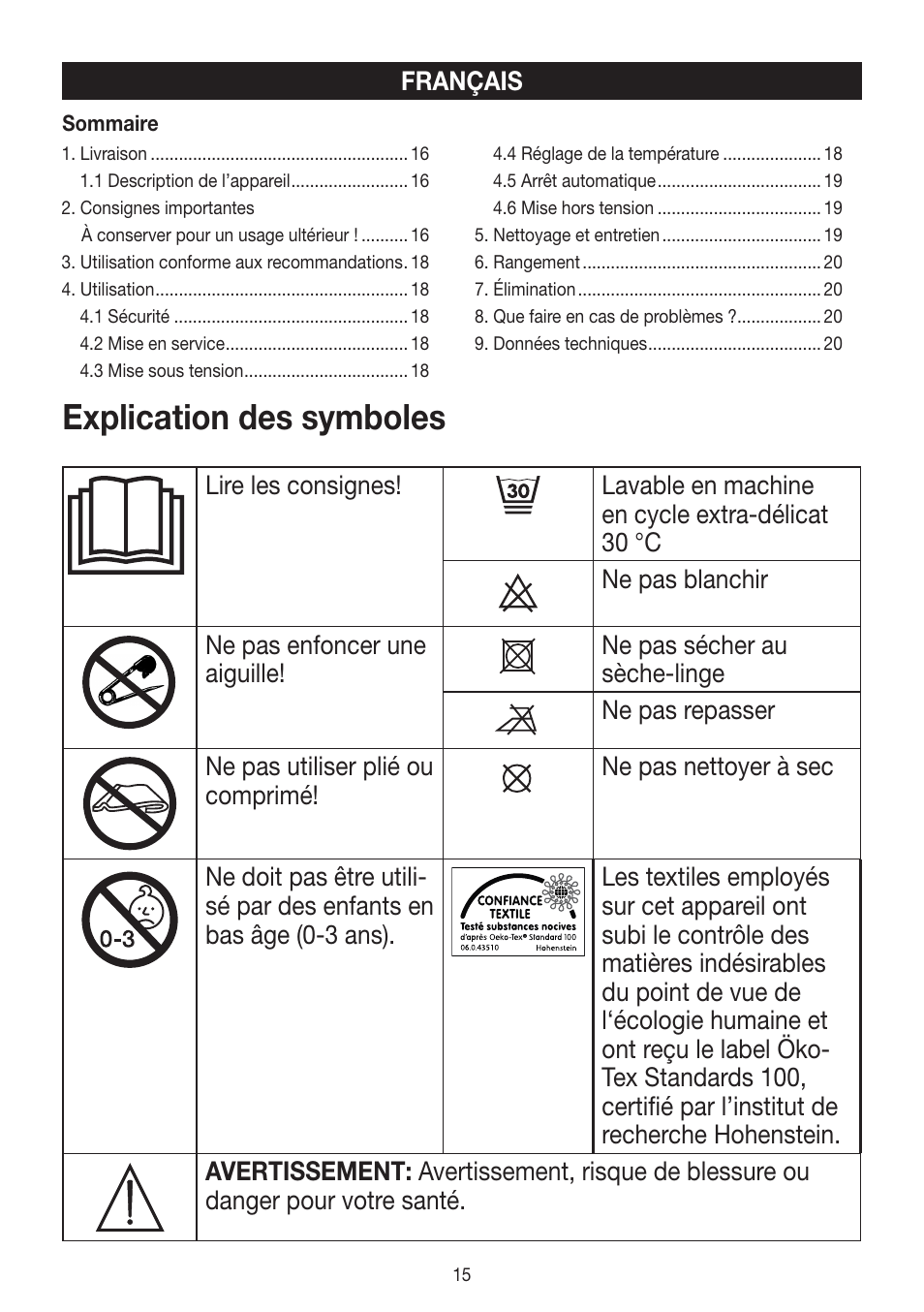 Explication des symboles | Beurer HK 45 Cosy User Manual | Page 15 / 52