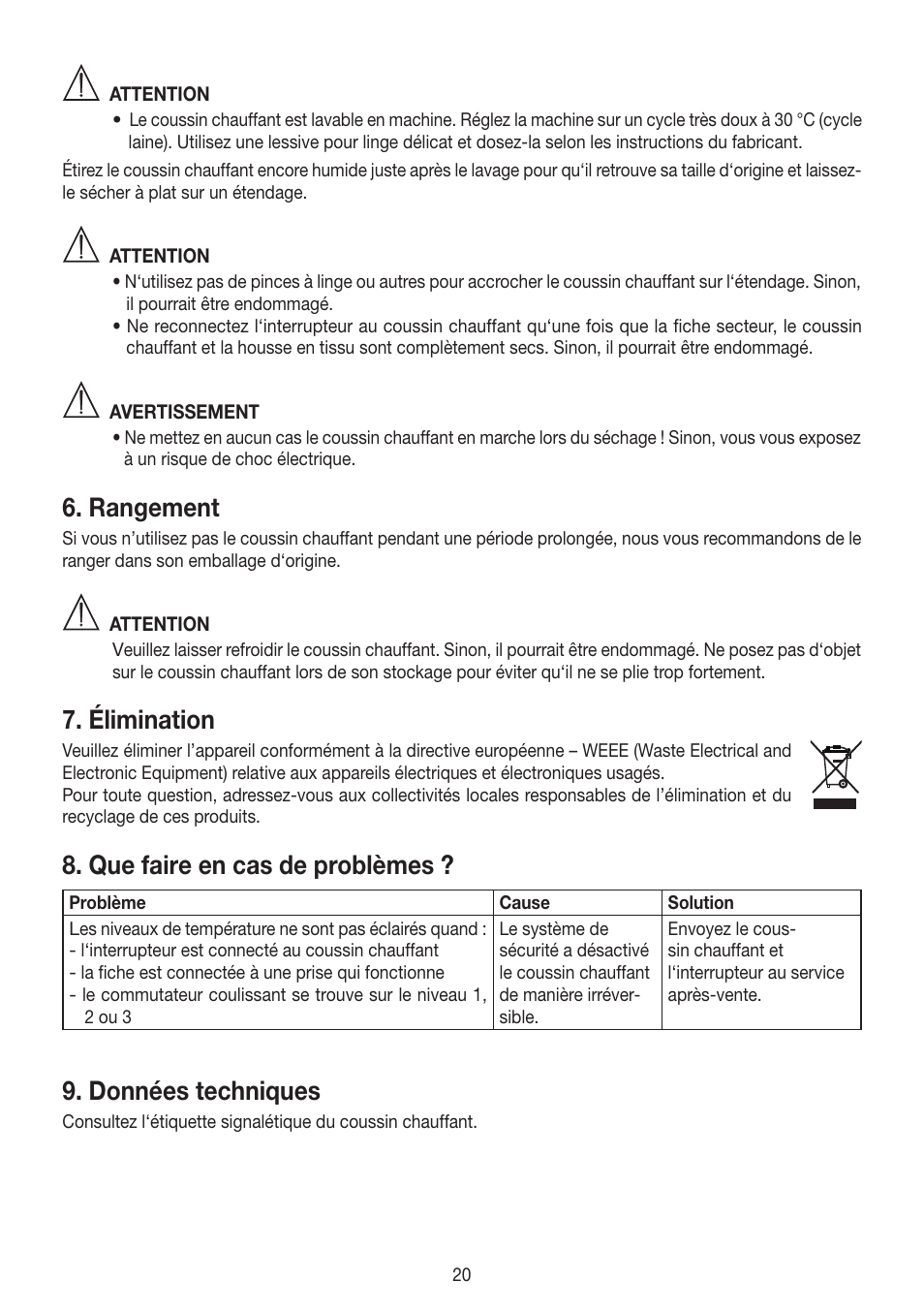 Rangement, Élimination, Que faire en cas de problèmes | Données techniques | Beurer HK 45 Cosy User Manual | Page 20 / 52