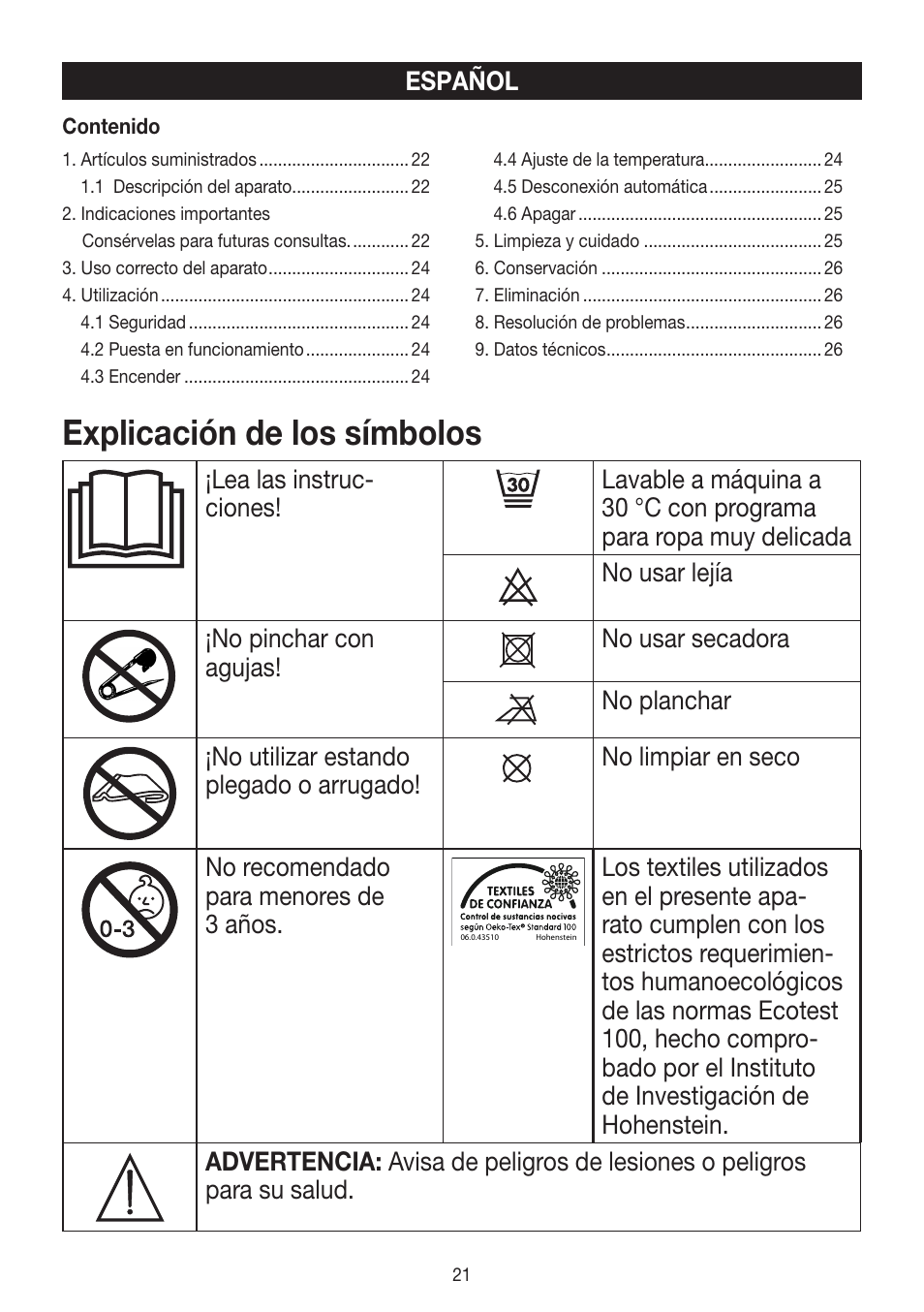 Explicación de los símbolos | Beurer HK 45 Cosy User Manual | Page 21 / 52