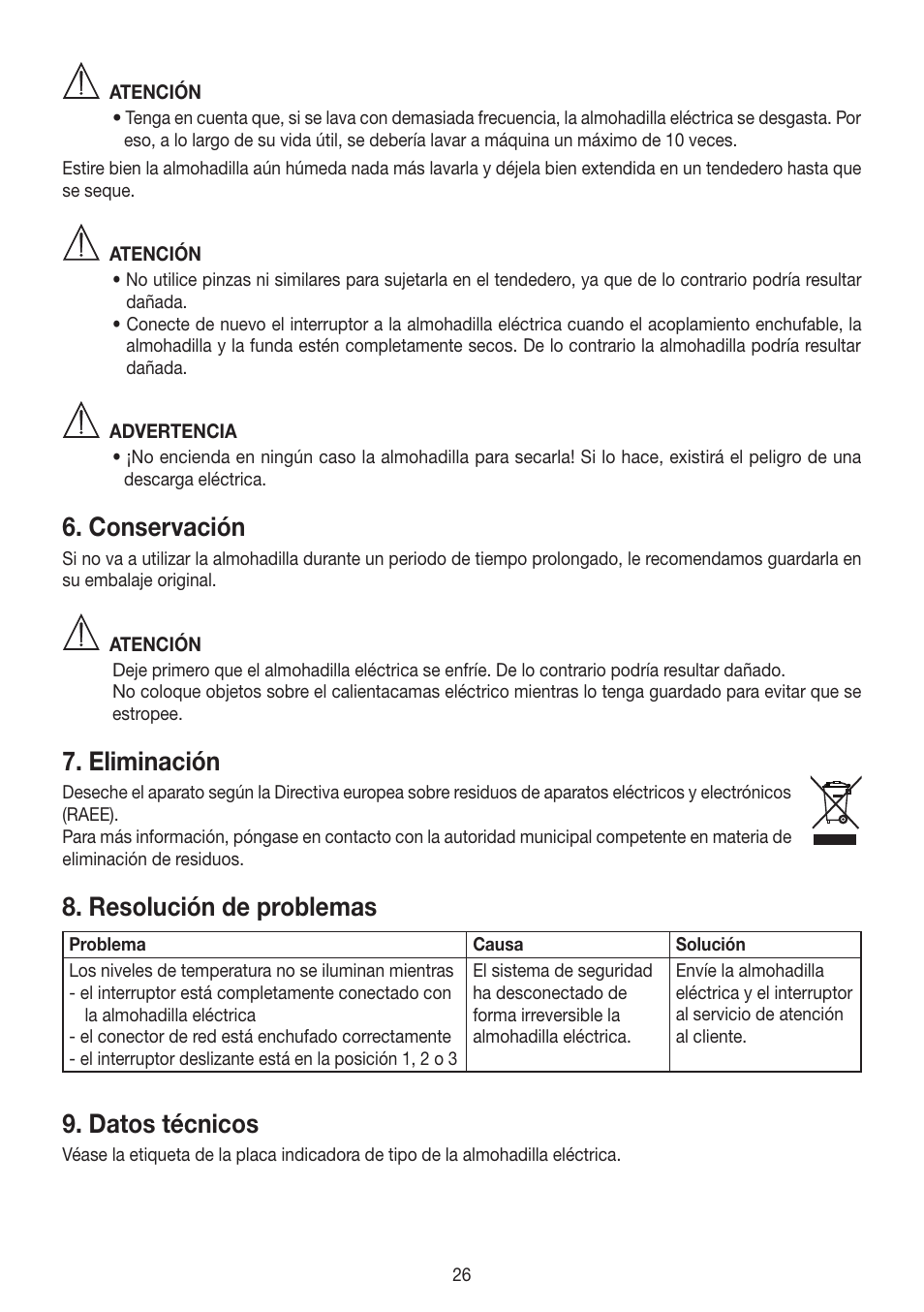 Conservación, Eliminación, Resolución de problemas | Datos técnicos | Beurer HK 45 Cosy User Manual | Page 26 / 52