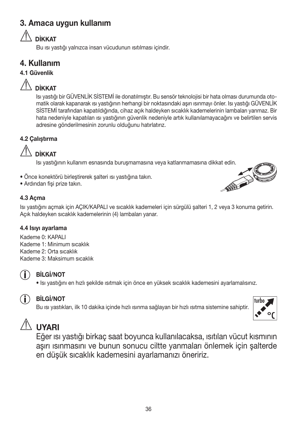 Amaca uygun kullanım, Kullanım | Beurer HK 45 Cosy User Manual | Page 36 / 52