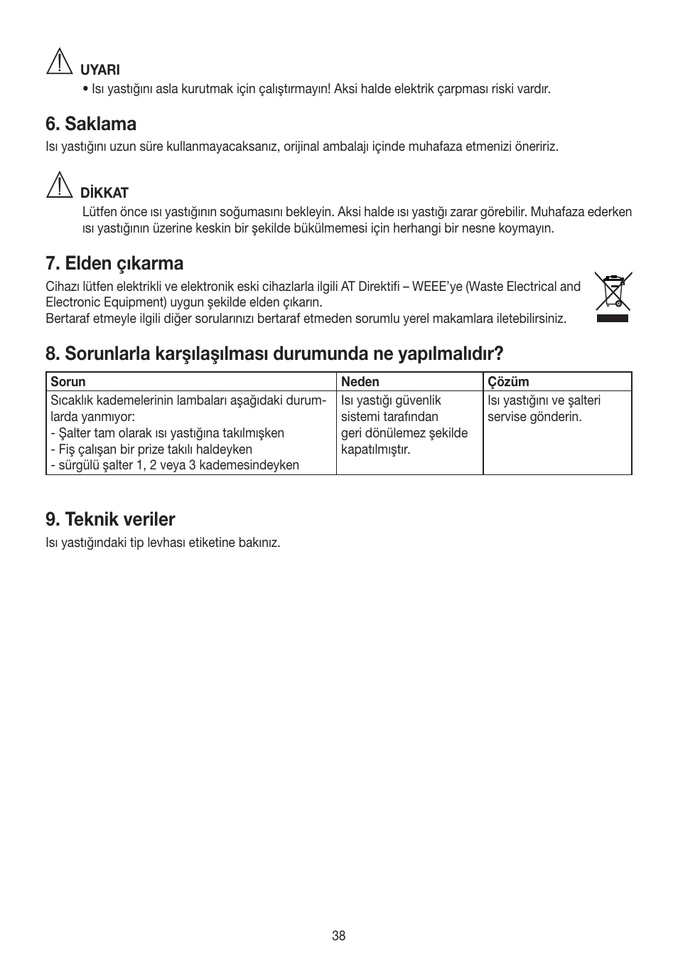 Saklama, Elden çıkarma, Teknik veriler | Beurer HK 45 Cosy User Manual | Page 38 / 52