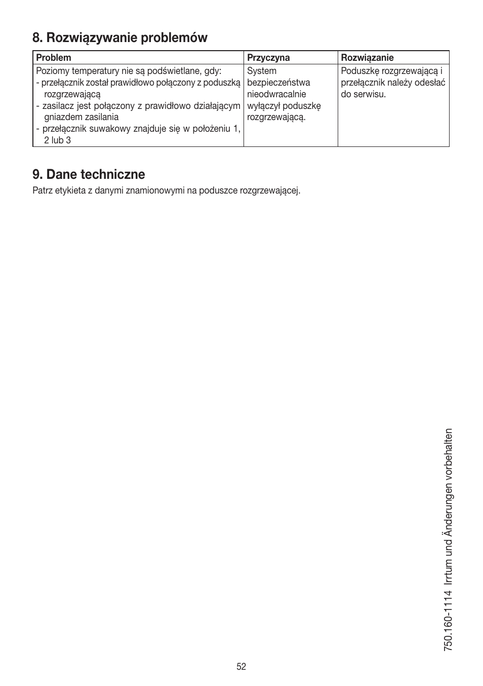 Rozwiązywanie problemów, Dane techniczne | Beurer HK 45 Cosy User Manual | Page 52 / 52