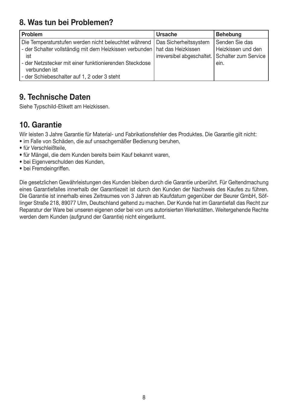 Was tun bei problemen, Technische daten, Garantie | Beurer HK 45 Cosy User Manual | Page 8 / 52