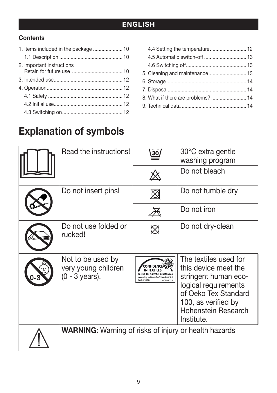 Explanation of symbols | Beurer HK 45 Cosy User Manual | Page 9 / 52