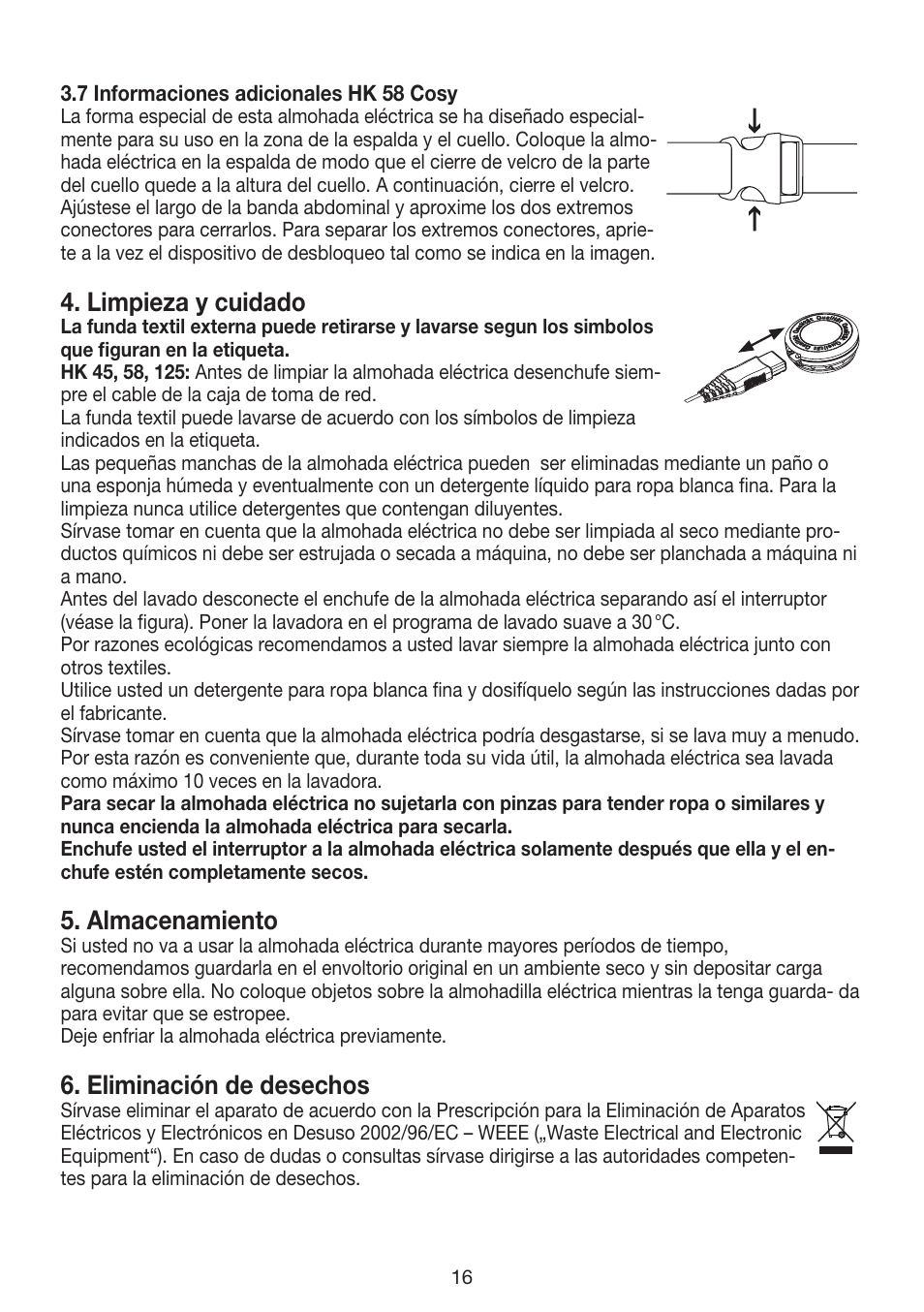 Limpieza y cuidado, Almacenamiento, Eliminación de desechos | Beurer HK 45 Cosy User Manual | Page 16 / 20