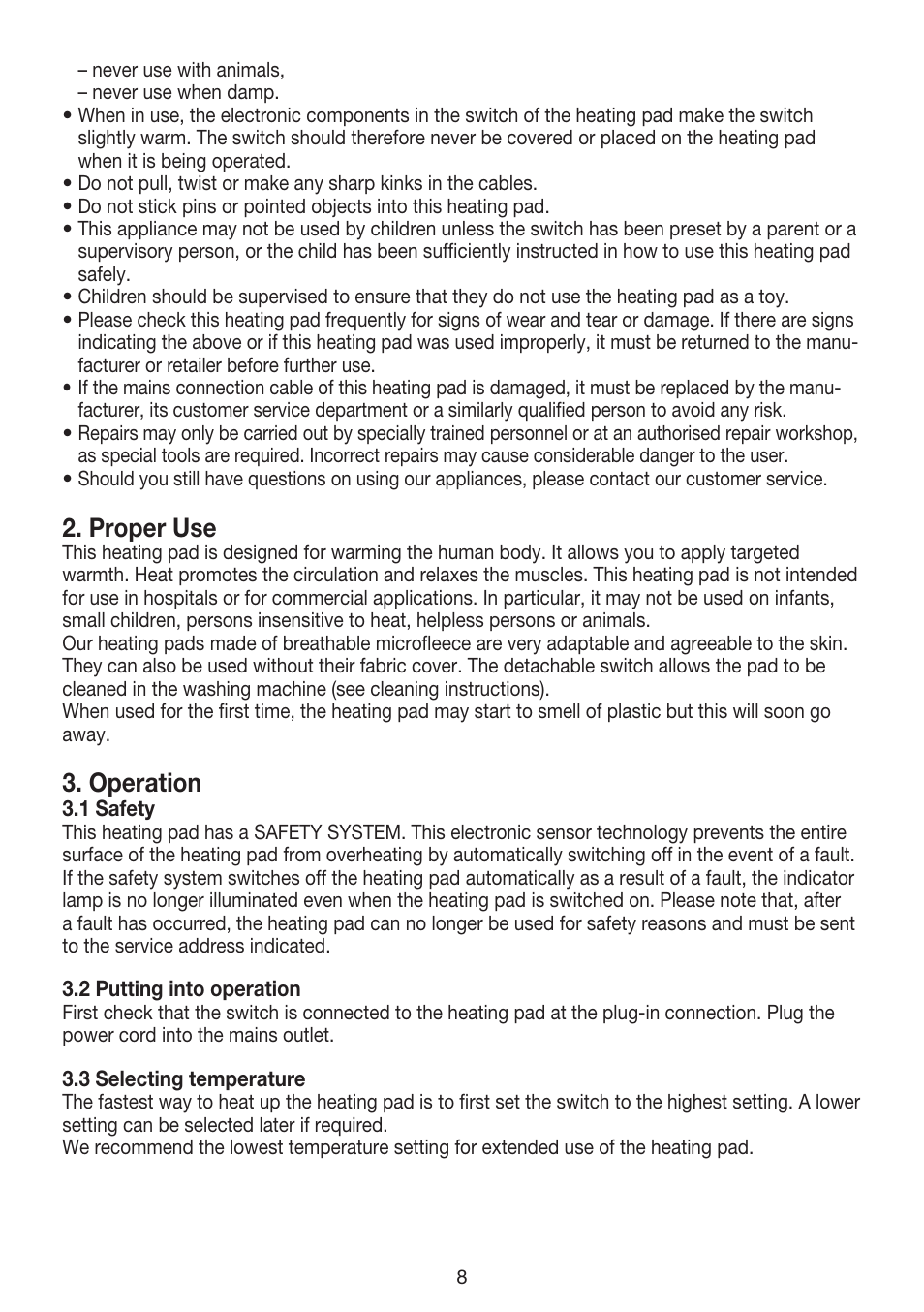 Proper use, Operation | Beurer HK 45 Cosy User Manual | Page 8 / 20