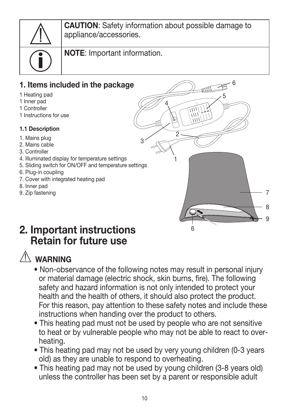 Important instructions retain for future use | Beurer HK 48 Cosy User Manual | Page 10 / 56