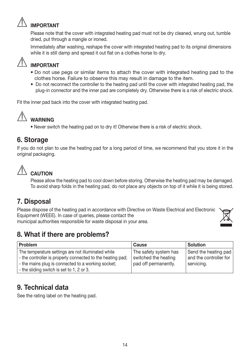 Storage, Disposal, What if there are problems | Technical data | Beurer HK 48 Cosy User Manual | Page 14 / 56