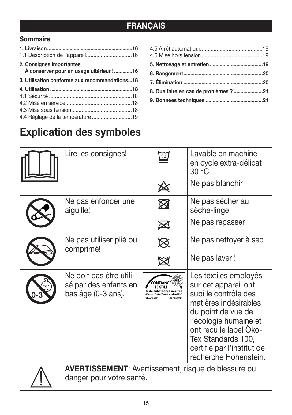 Explication des symboles | Beurer HK 48 Cosy User Manual | Page 15 / 56