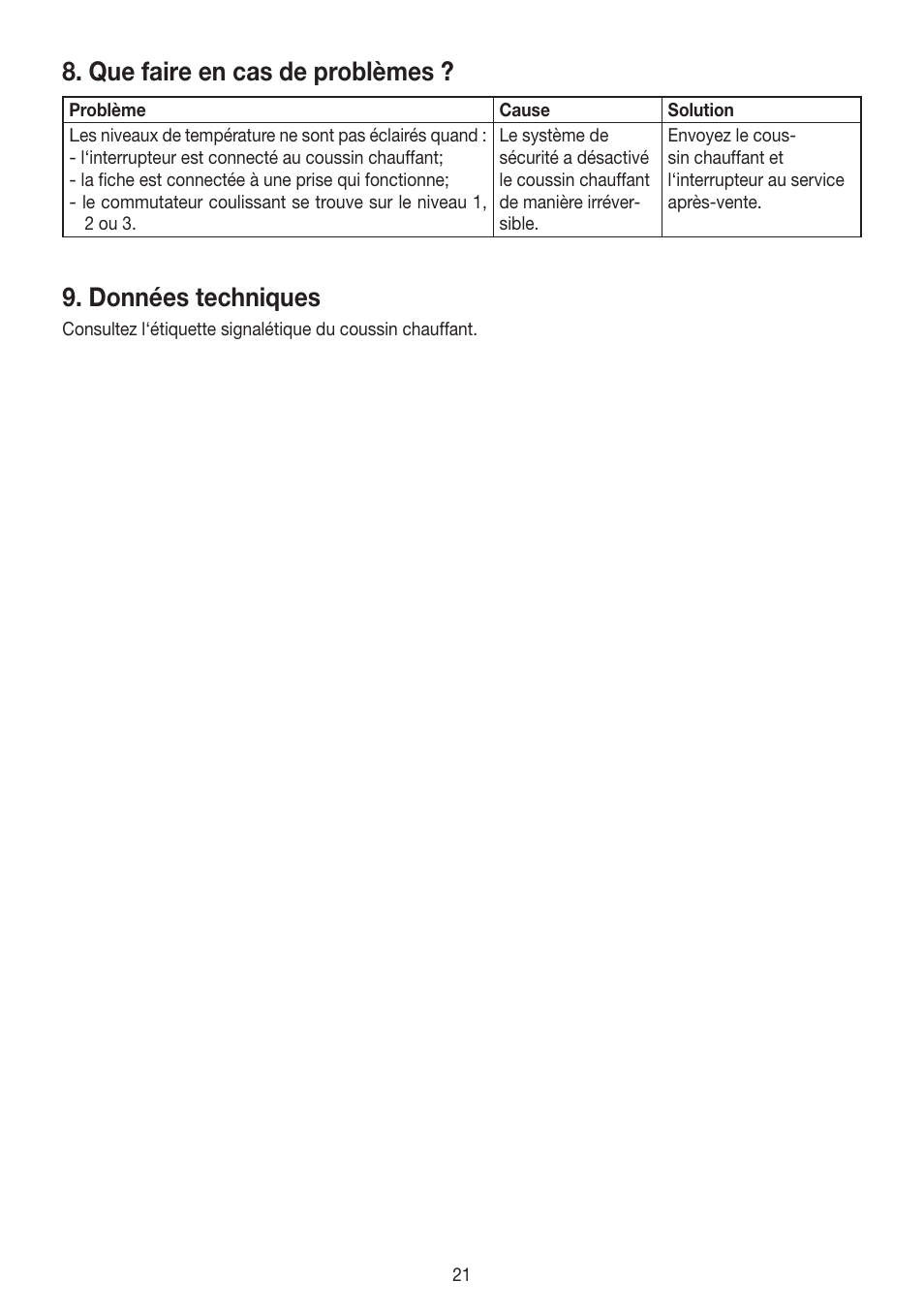 Que faire en cas de problèmes, Données techniques | Beurer HK 48 Cosy User Manual | Page 21 / 56