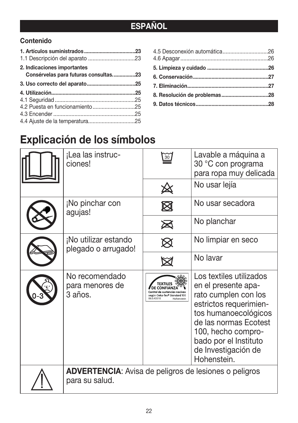 Explicación de los símbolos | Beurer HK 48 Cosy User Manual | Page 22 / 56
