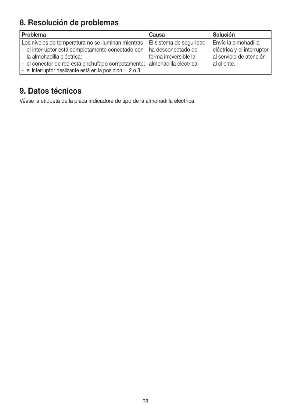 Resolución de problemas, Datos técnicos | Beurer HK 48 Cosy User Manual | Page 28 / 56