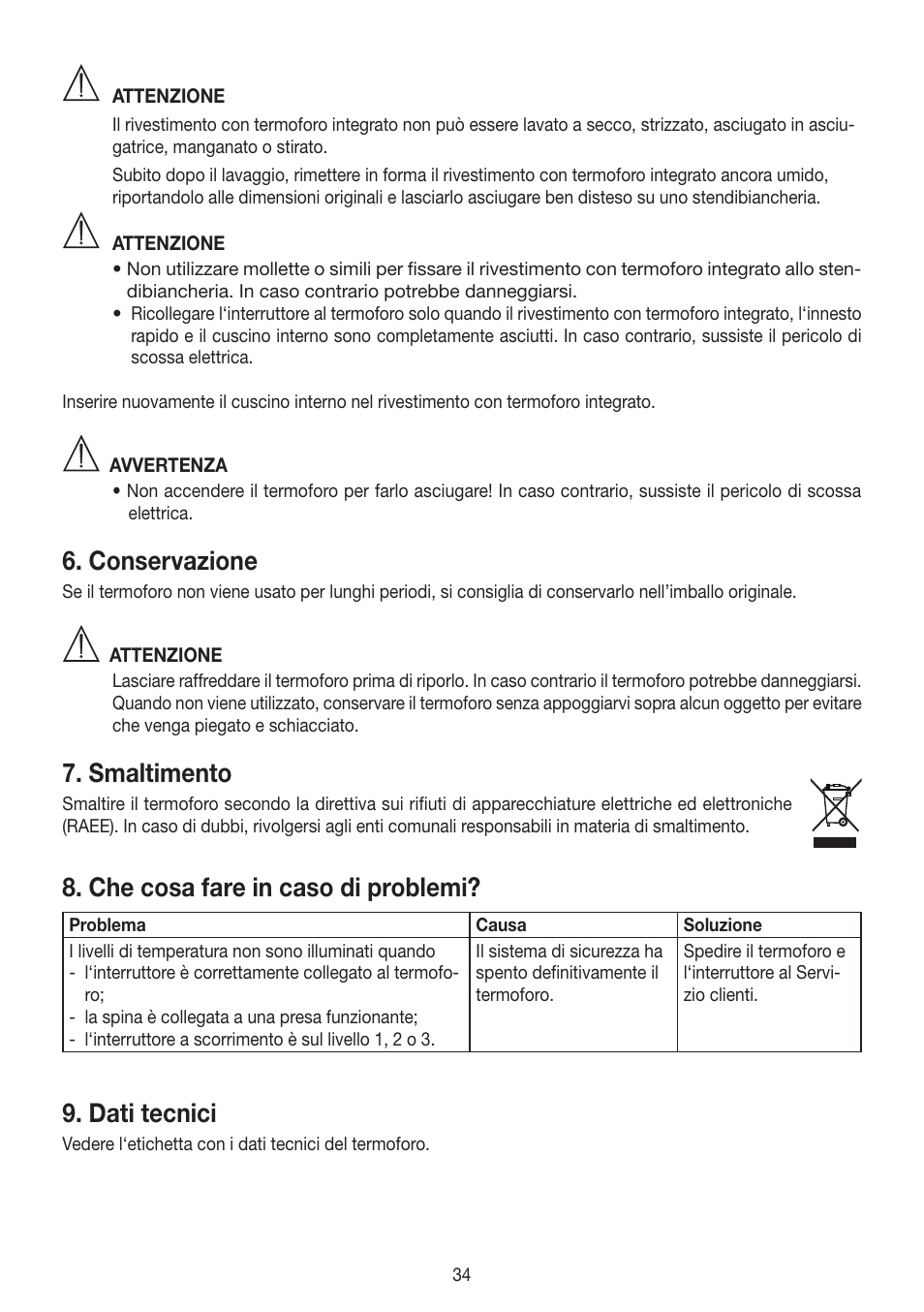 Conservazione, Smaltimento, Che cosa fare in caso di problemi | Dati tecnici | Beurer HK 48 Cosy User Manual | Page 34 / 56