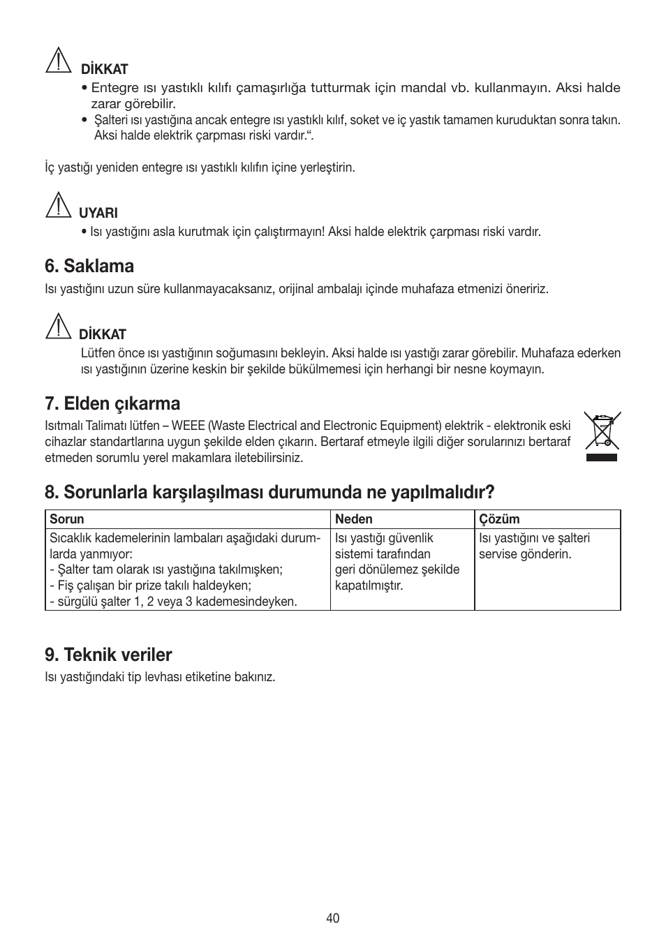 Saklama, Elden çıkarma, Teknik veriler | Beurer HK 48 Cosy User Manual | Page 40 / 56