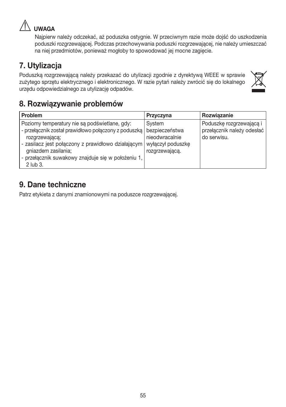 Utylizacja, Rozwiązywanie problemów, Dane techniczne | Beurer HK 48 Cosy User Manual | Page 55 / 56