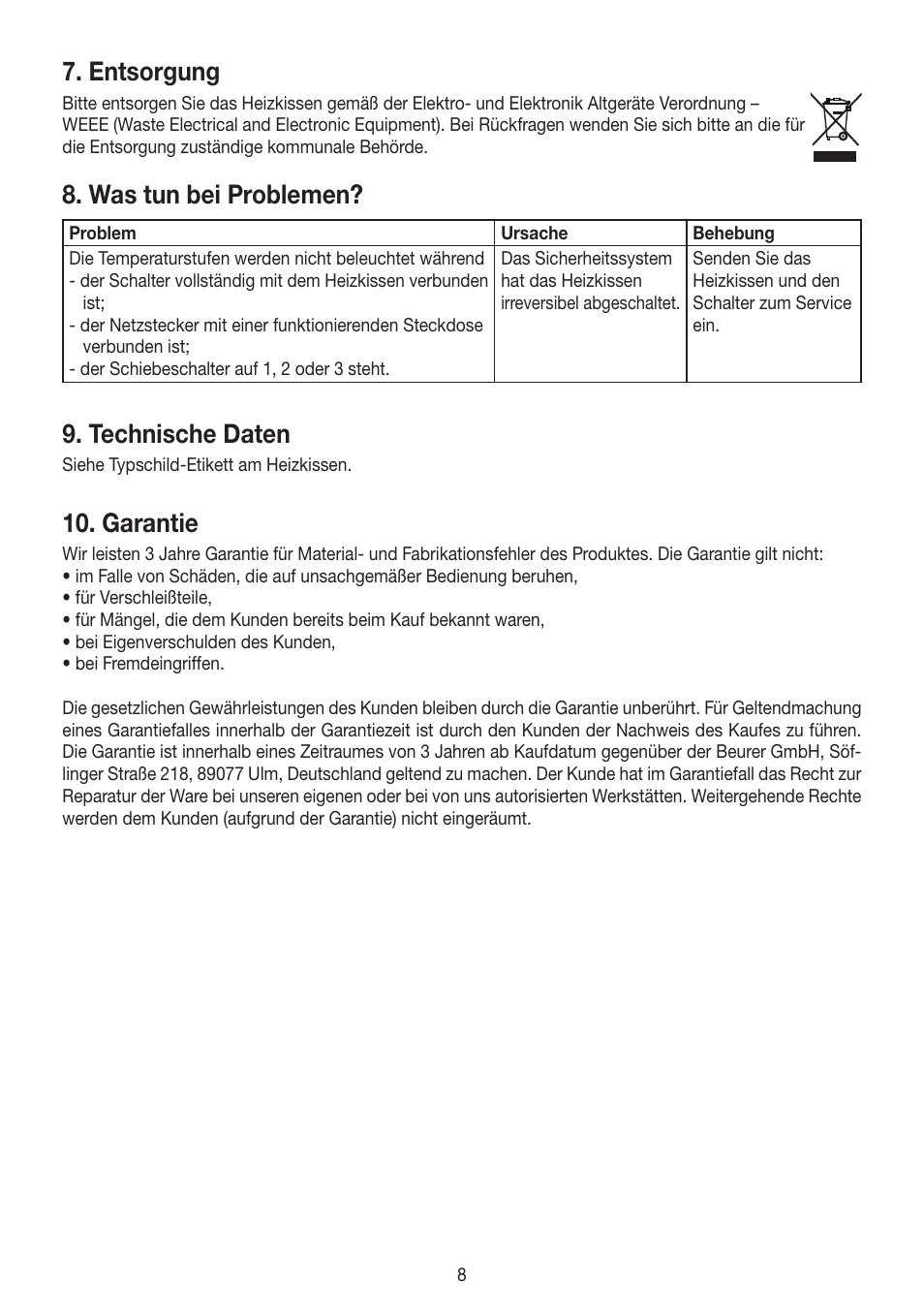 Entsorgung, Was tun bei problemen, Technische daten | Garantie | Beurer HK 48 Cosy User Manual | Page 8 / 56