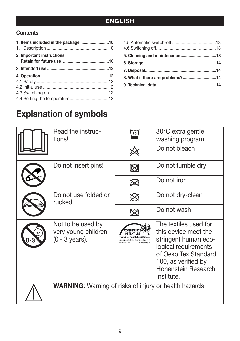 Explanation of symbols | Beurer HK 48 Cosy User Manual | Page 9 / 56