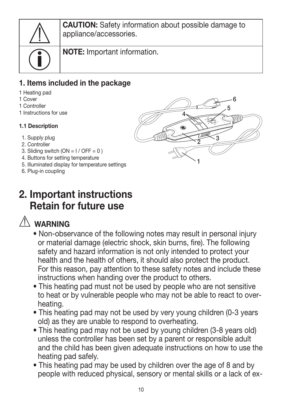 Important instructions retain for future use | Beurer HK 58 Cosy User Manual | Page 10 / 56