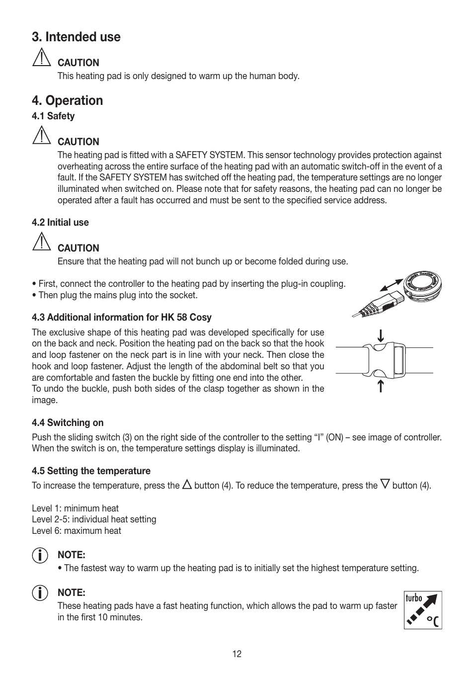 Intended use, Operation, Datos técnicos | Limpieza y cuidado | Beurer HK 58 Cosy User Manual | Page 12 / 56