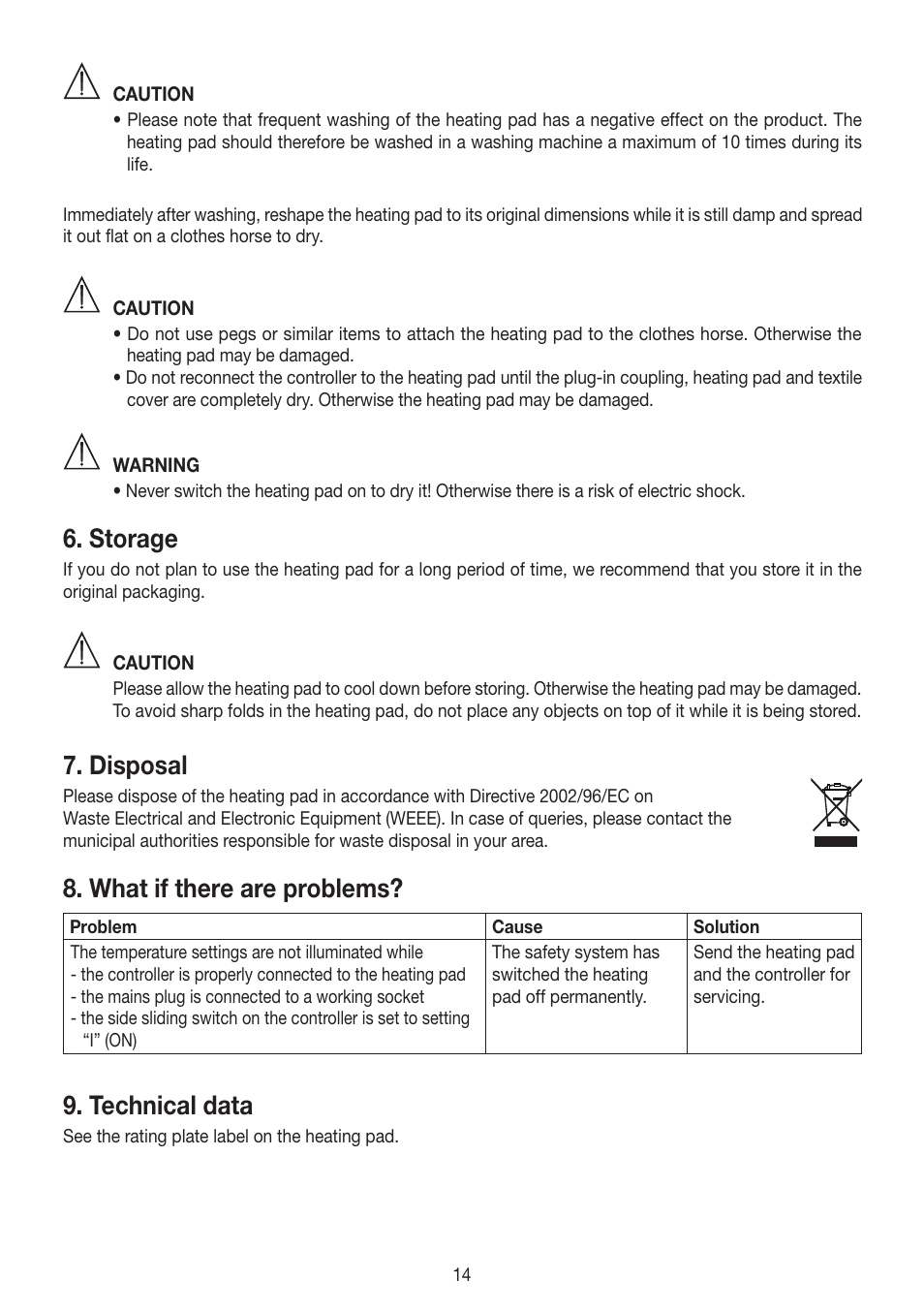 Storage, Disposal, What if there are problems | Technical data | Beurer HK 58 Cosy User Manual | Page 14 / 56