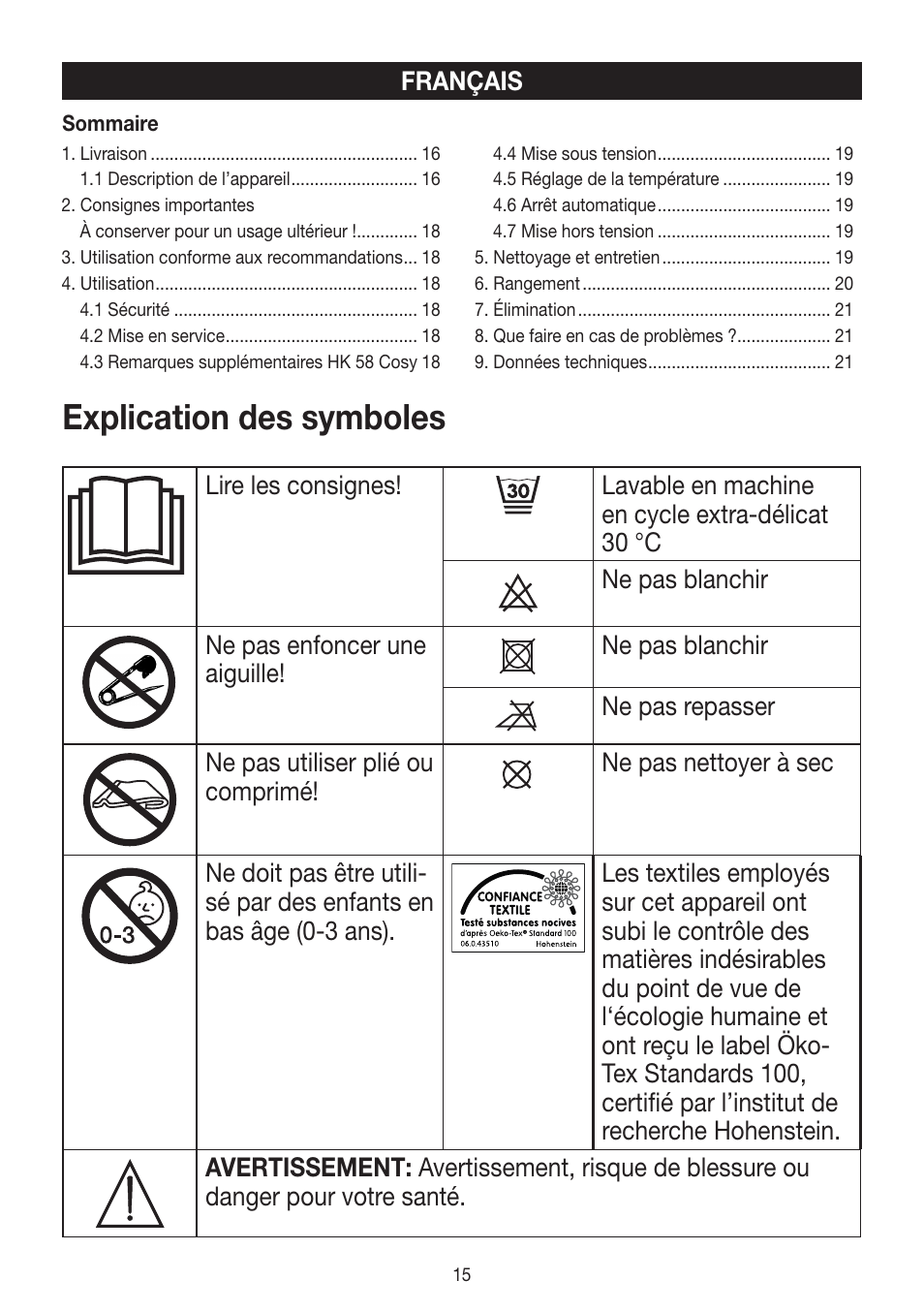 Explication des symboles | Beurer HK 58 Cosy User Manual | Page 15 / 56