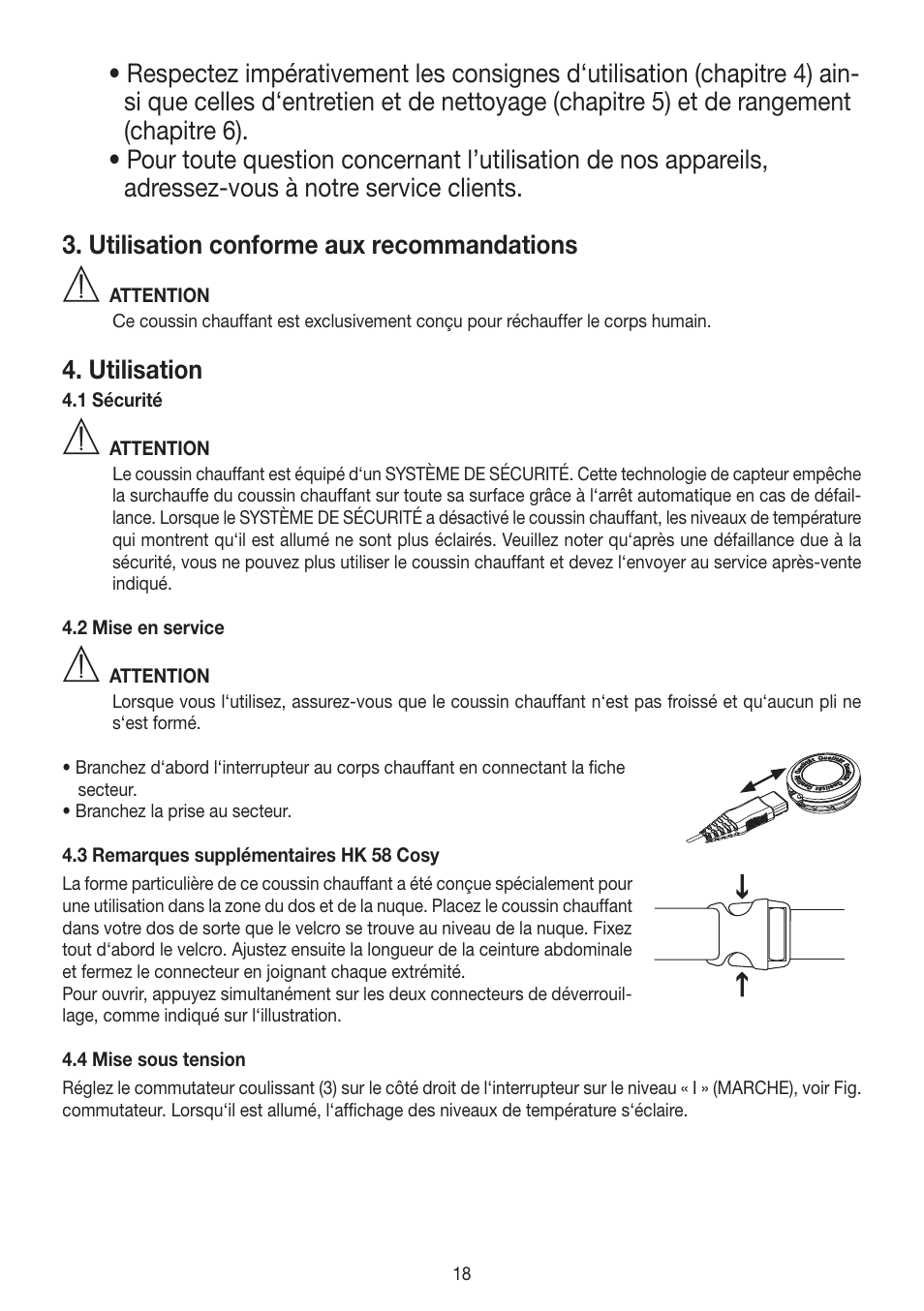 Utilisation, Datos técnicos, Limpieza y cuidado | Beurer HK 58 Cosy User Manual | Page 18 / 56