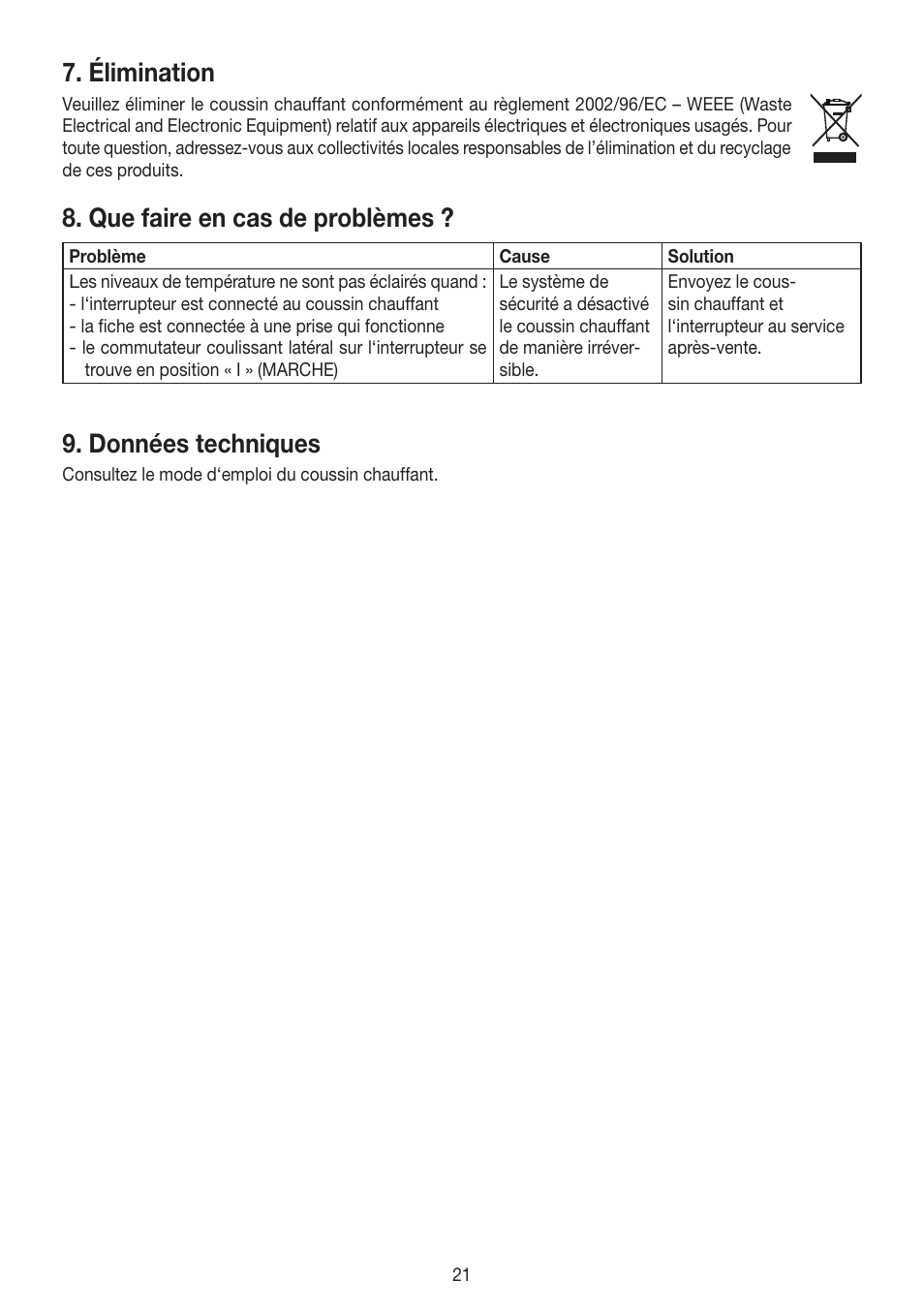 Élimination, Que faire en cas de problèmes, Données techniques | Beurer HK 58 Cosy User Manual | Page 21 / 56