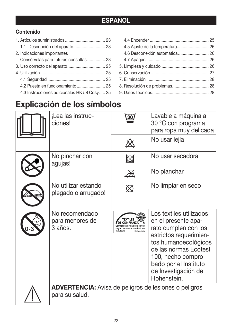 Explicación de los símbolos | Beurer HK 58 Cosy User Manual | Page 22 / 56