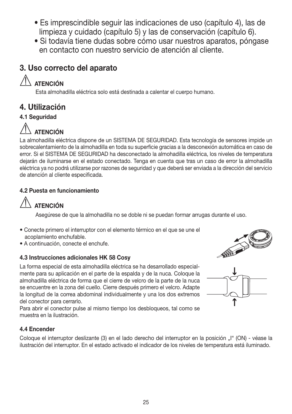 Utilización, Datos técnicos, Limpieza y cuidado | Beurer HK 58 Cosy User Manual | Page 25 / 56