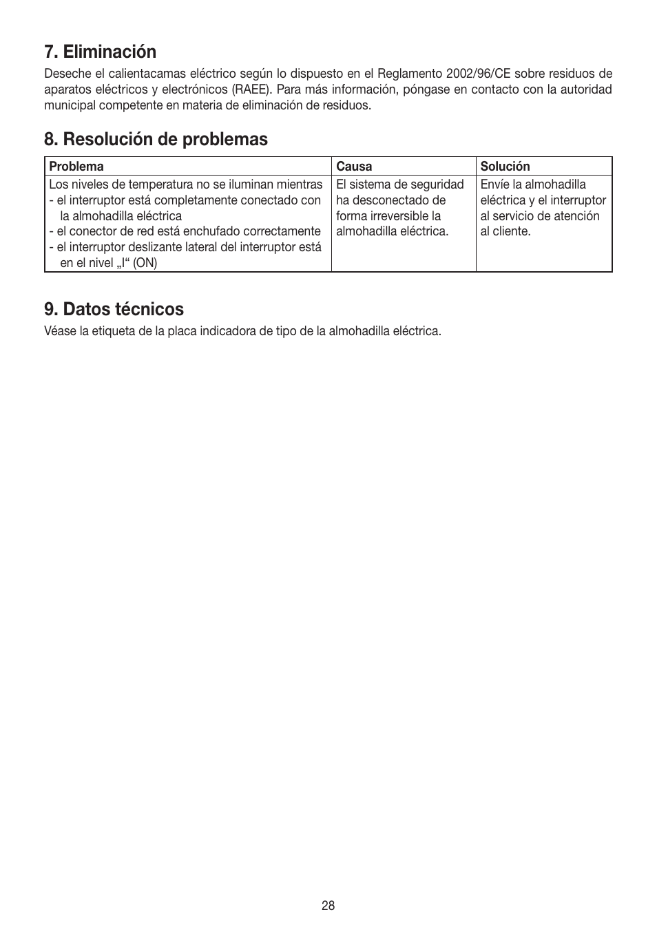 Eliminación, Resolución de problemas, Datos técnicos | Beurer HK 58 Cosy User Manual | Page 28 / 56