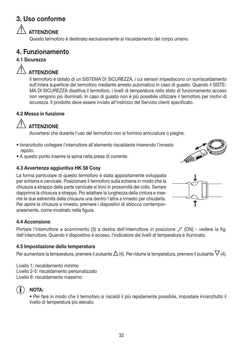 Uso conforme, Funzionamento, Datos técnicos | Limpieza y cuidado | Beurer HK 58 Cosy User Manual | Page 32 / 56