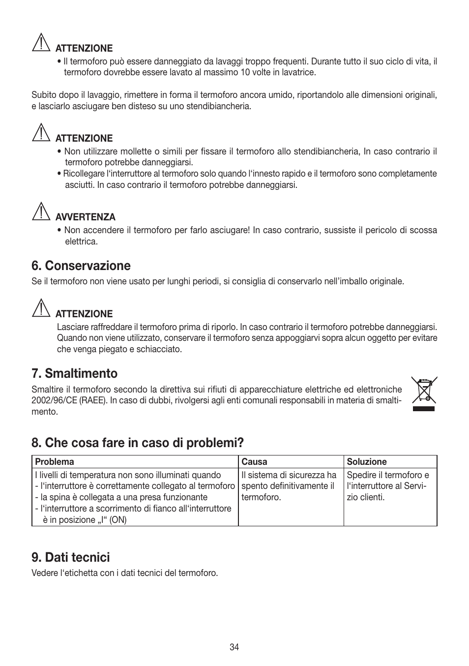 Conservazione, Smaltimento, Che cosa fare in caso di problemi | Dati tecnici | Beurer HK 58 Cosy User Manual | Page 34 / 56