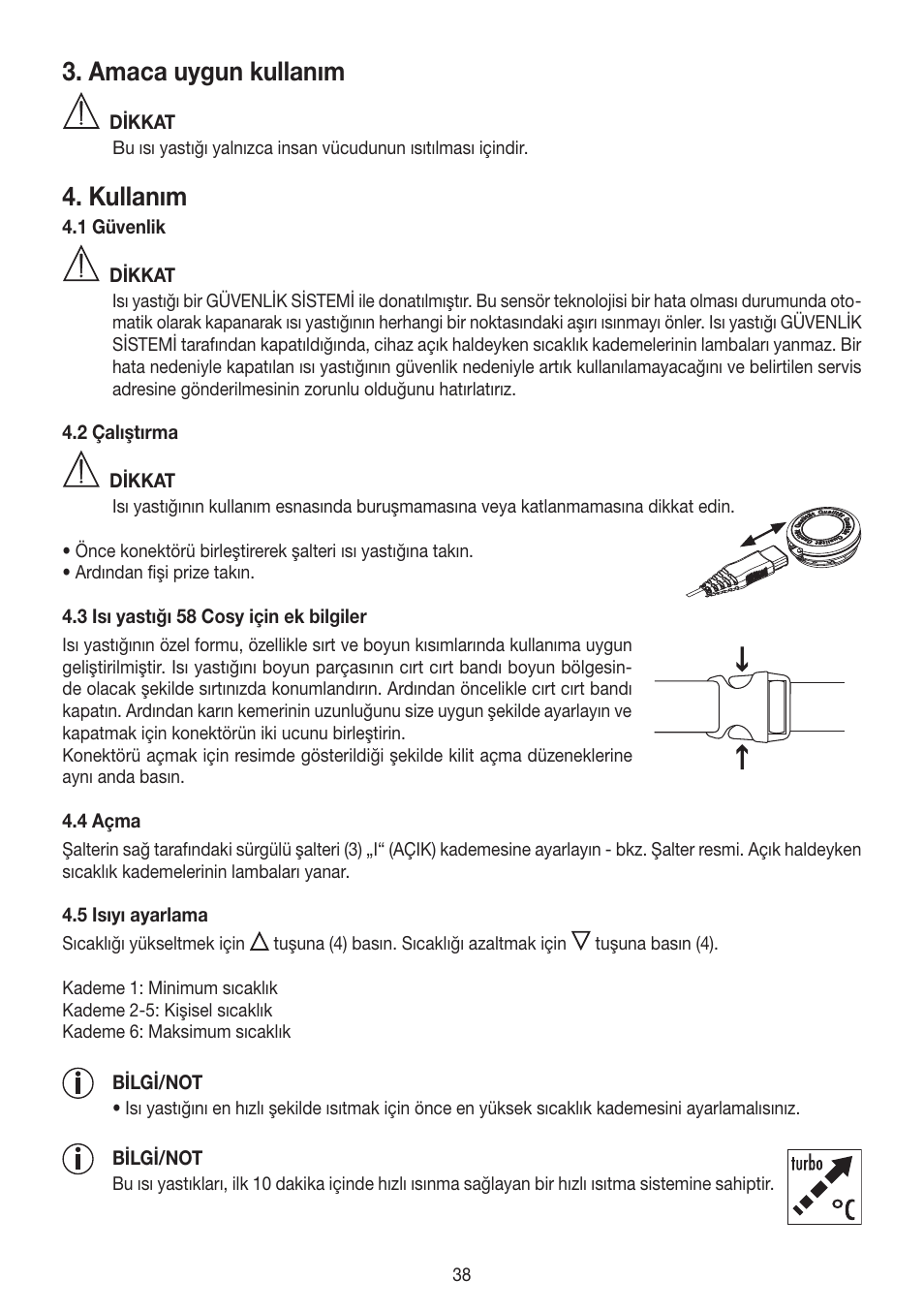 Amaca uygun kullanım, Kullanım, Datos técnicos | Limpieza y cuidado | Beurer HK 58 Cosy User Manual | Page 38 / 56