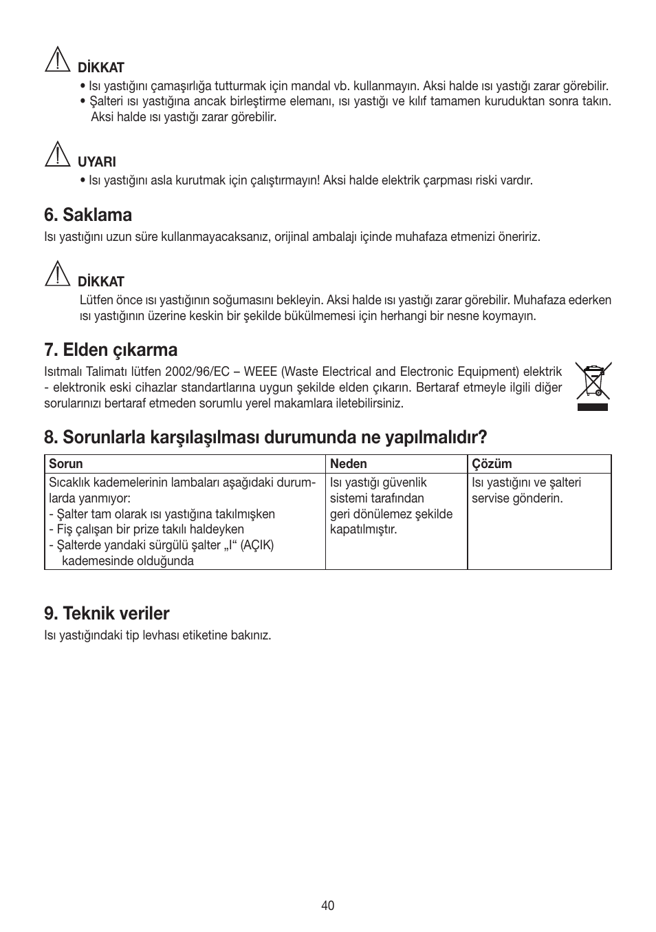 Saklama, Elden çıkarma, Teknik veriler | Beurer HK 58 Cosy User Manual | Page 40 / 56