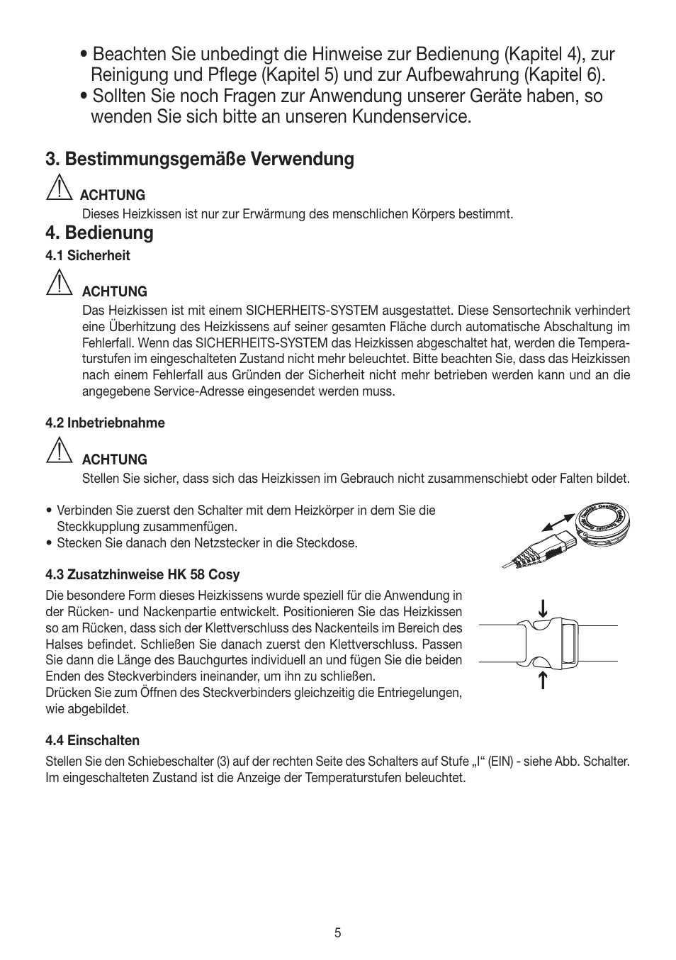 Bedienung, Datos técnicos, Limpieza y cuidado | Beurer HK 58 Cosy User Manual | Page 5 / 56