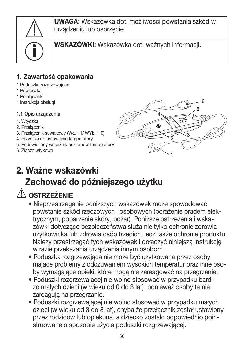 Ważne wskazówki zachować do późniejszego użytku | Beurer HK 58 Cosy User Manual | Page 50 / 56