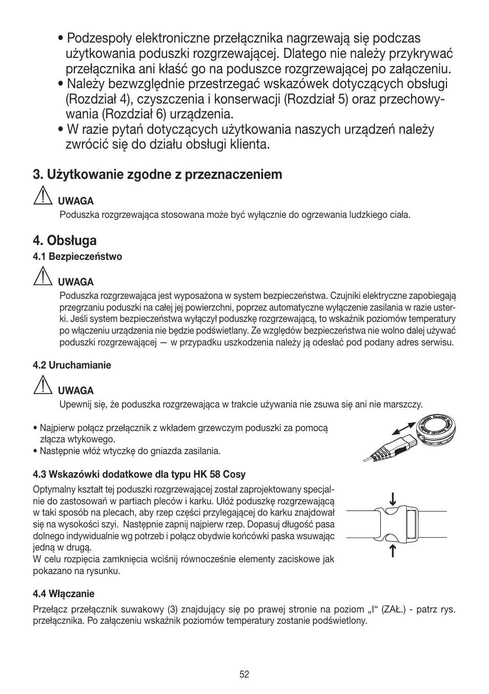 Obsługa, Datos técnicos, Limpieza y cuidado | Beurer HK 58 Cosy User Manual | Page 52 / 56