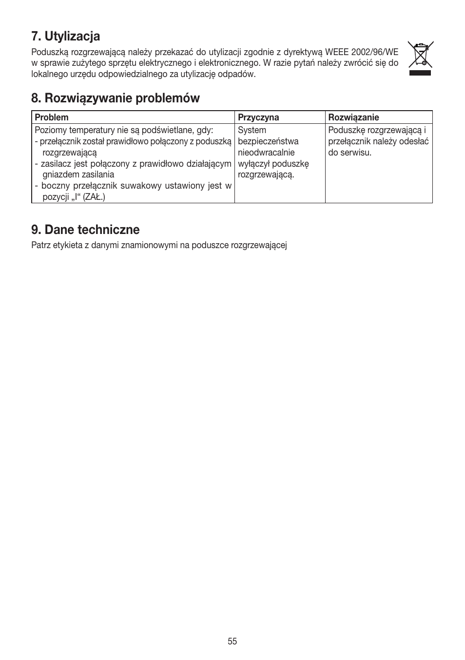 Utylizacja, Rozwiązywanie problemów, Dane techniczne | Beurer HK 58 Cosy User Manual | Page 55 / 56