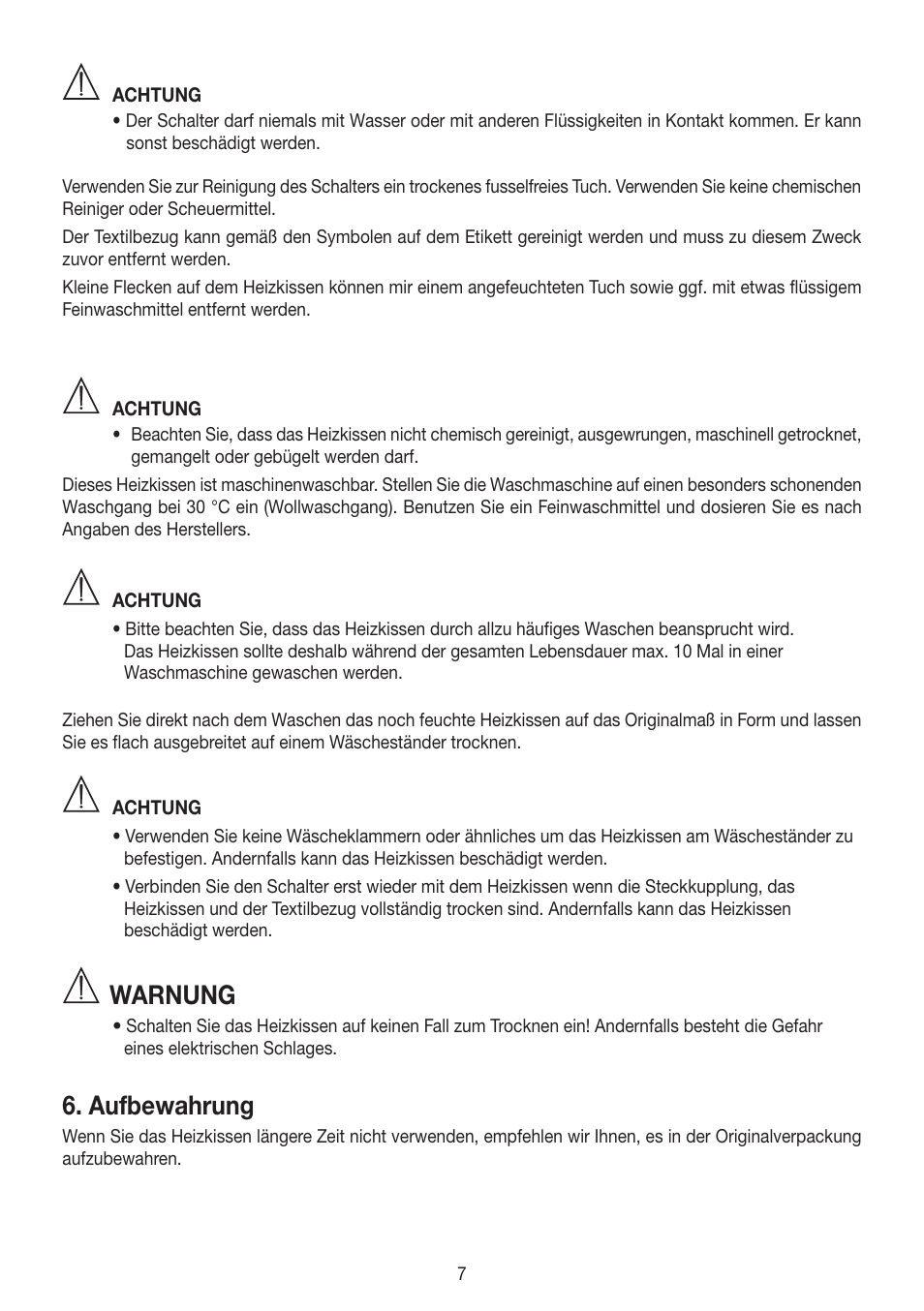 Warnung, Aufbewahrung | Beurer HK 58 Cosy User Manual | Page 7 / 56