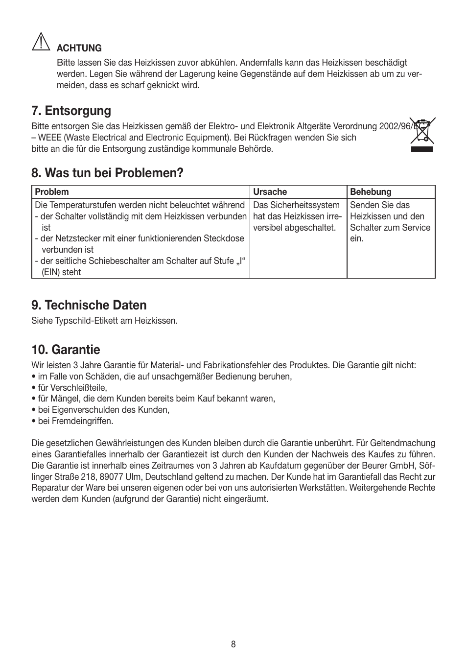 Entsorgung, Was tun bei problemen, Technische daten | Garantie | Beurer HK 58 Cosy User Manual | Page 8 / 56