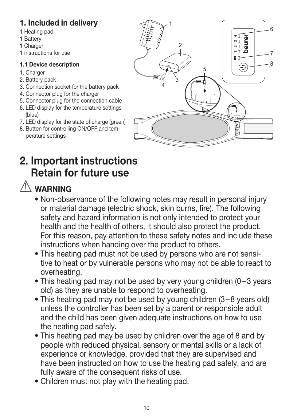 Important instructions retain for future use, Included in delivery | Beurer HK 72 User Manual | Page 10 / 60