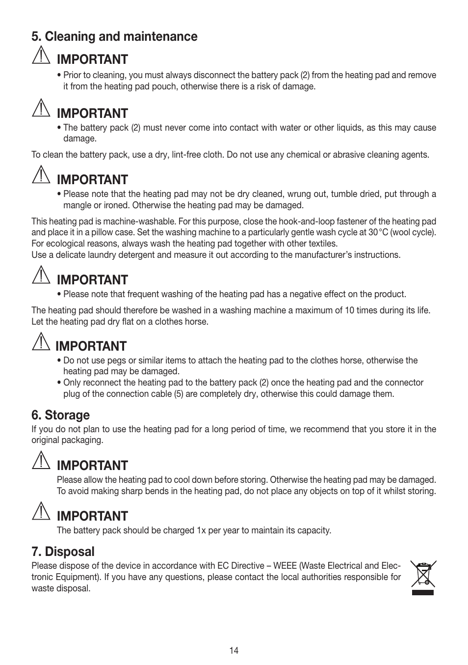 Cleaning and maintenance, Important, Storage | Disposal | Beurer HK 72 User Manual | Page 14 / 60