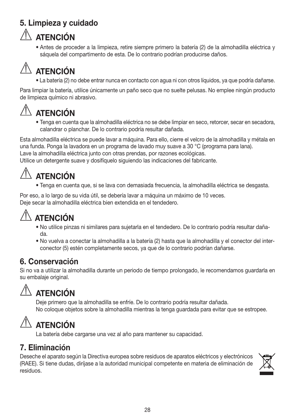 Limpieza y cuidado, Atención, Conservación | Eliminación | Beurer HK 72 User Manual | Page 28 / 60